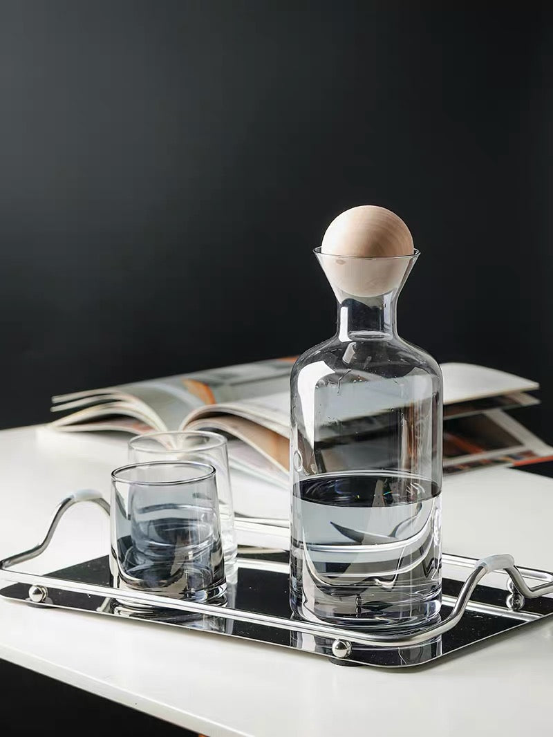 Amber Decanter Set with Wooden Lid and Metal Tray