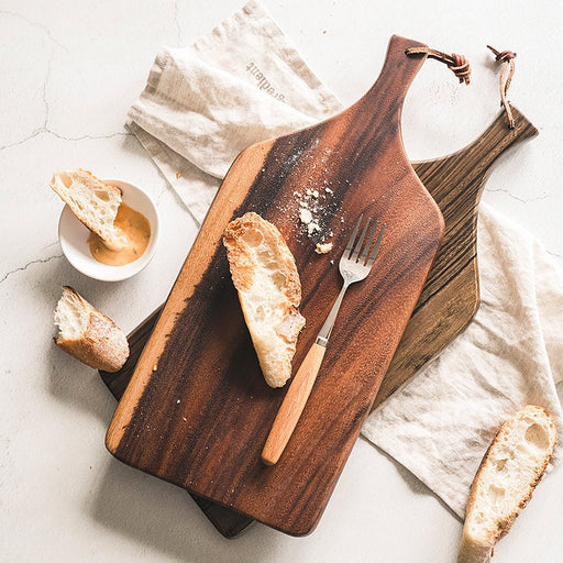 Acacia walnut cutting serving board with handle and leather tie