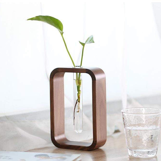 Glass Tube Vase with Square Wooden Holder