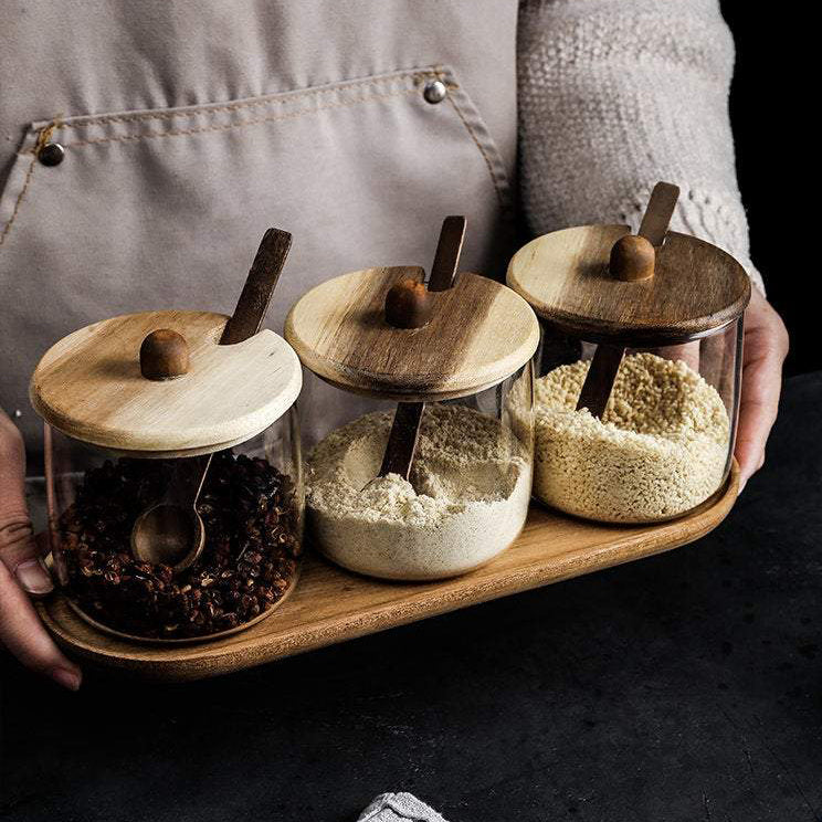 Glass Storage Jars with Wooden Lids and Tray
