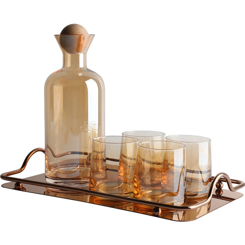 Amber Decanter Set with Wooden Lid and Metal Tray — everdreamcraft
