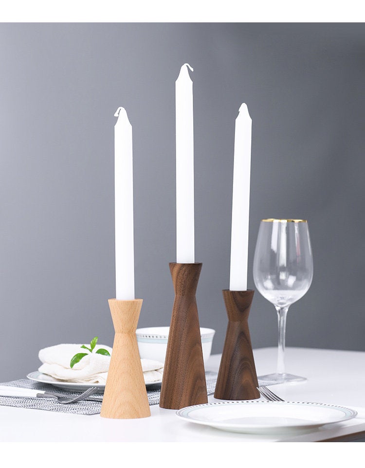 Short Wood Taper Candle Holder Set Minimalist Modern Candlestick
