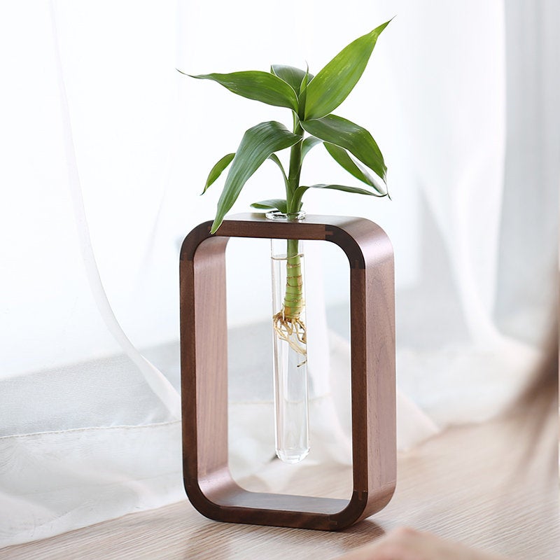 Glass Tube Vase with Square Wooden Holder