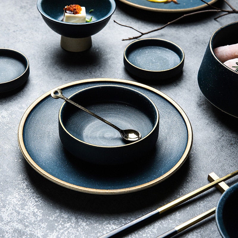 Scandinavian-Inspired Ceramic Dinner Set with Golden Rim