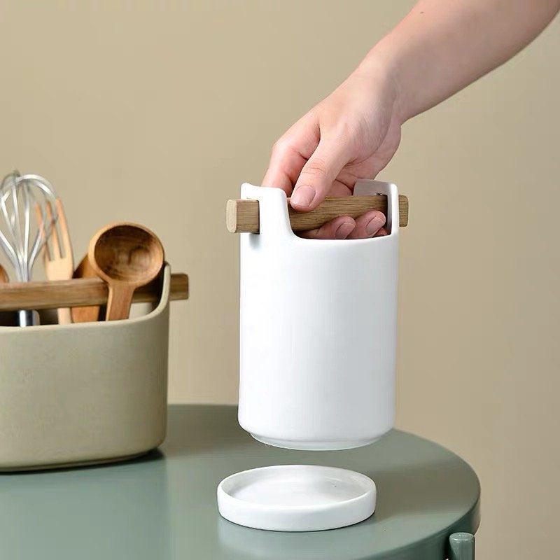 Minimalist Ceramic Utensil Holder with Wooden Handle